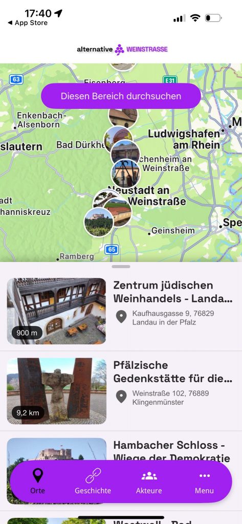 Ein Screenshot der App "Alternative Weinstraße"